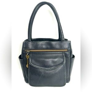 Fossil Vintage Black Leather Small Satchel Handbag Purse Brass Key Charm zb4087